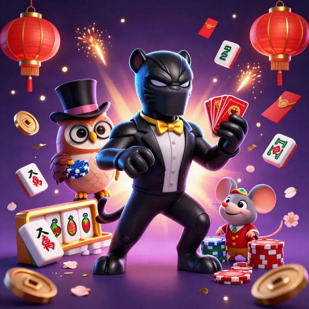Panther, owl, and mouse casino heroes amid jade coins, lanterns, petals, and electric blue neon glow