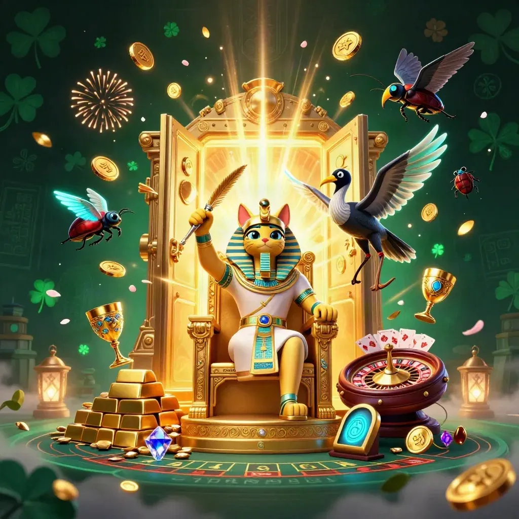 Pharaoh cat, ibis scribe and scarabs amid a bursting vault, coins, roulette wheel and casino lights.