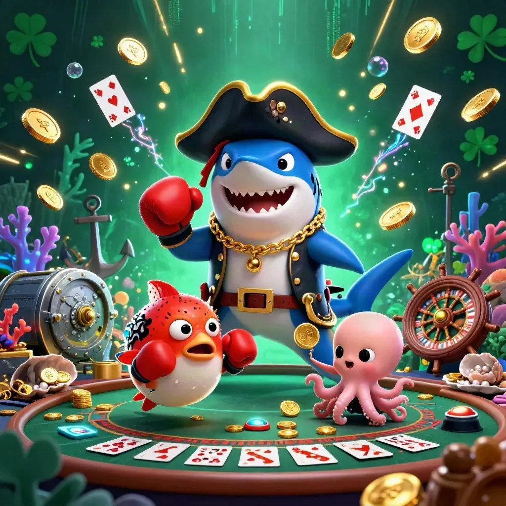Pirate shark, boxing pufferfish, and juggling octopus amid coins, coral, and casino icons