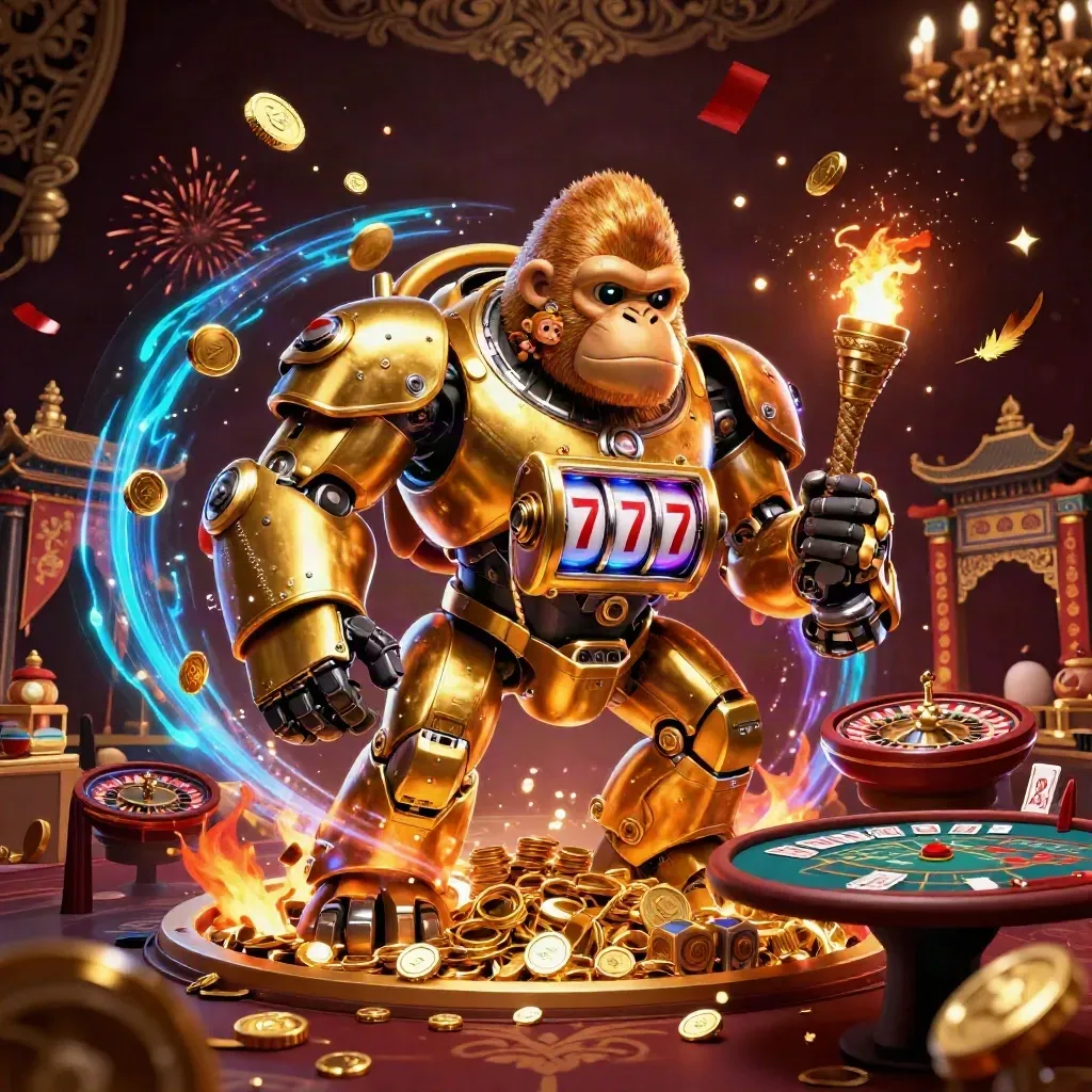 Golden gorilla mech with monkey pilot amid casino treasure, fireworks, and spinning reels.