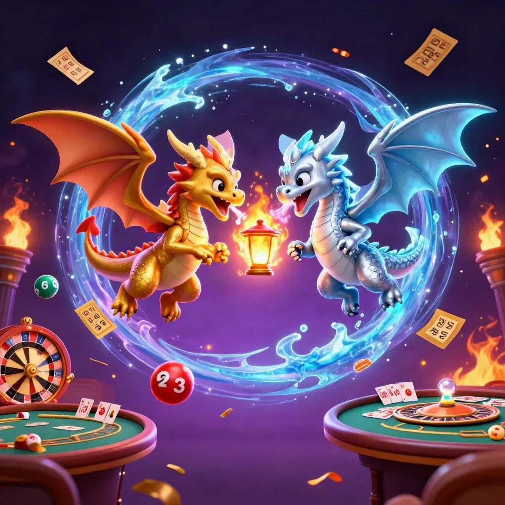 Gold and silver dragons spiral amid casino prizes, cards, wheels, and glowing magic in a dark neon sky.
