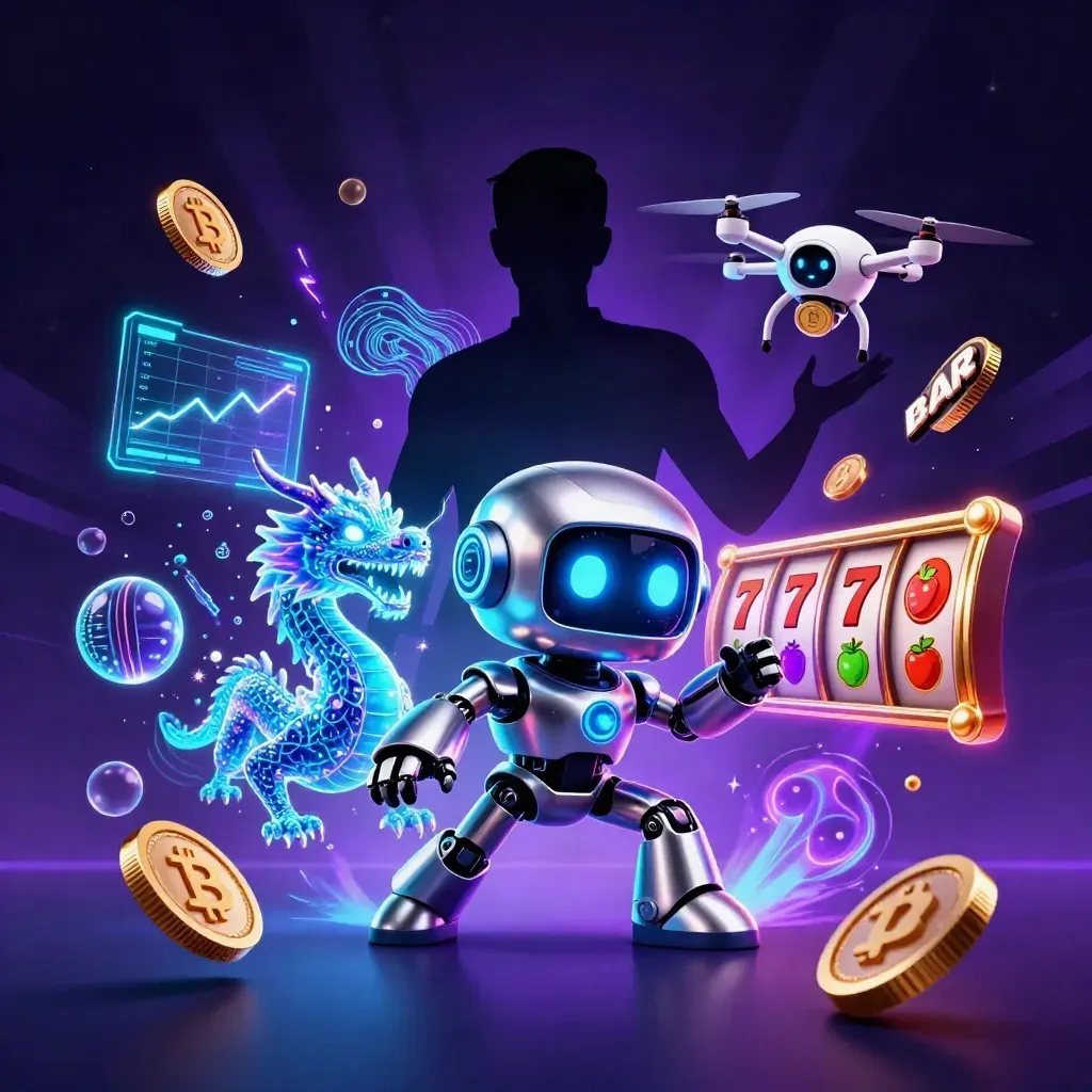 Chrome robot, holographic dragon, and coin drone amid casino coins, lightning, and neon glow.