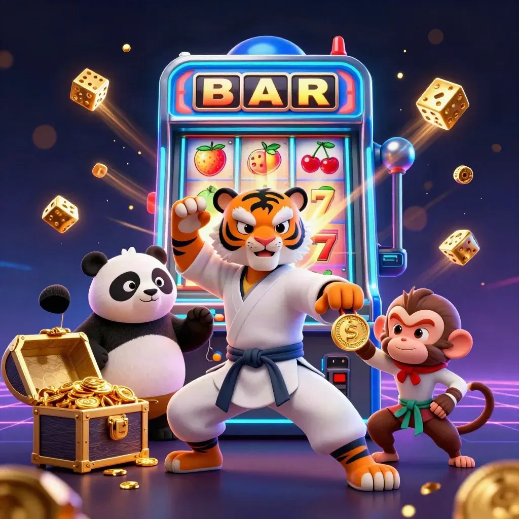 Kung-fu tiger, panda, and monkey burst from a jackpot slot machine in neon casino light.