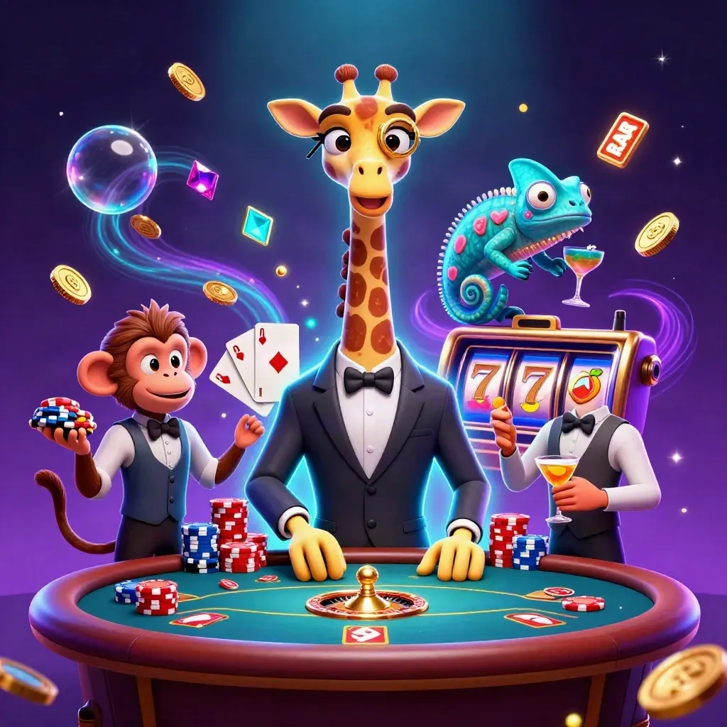 Giraffe, monkey, and chameleon casino heroes amid chips, coins, cards, and neon effects.
