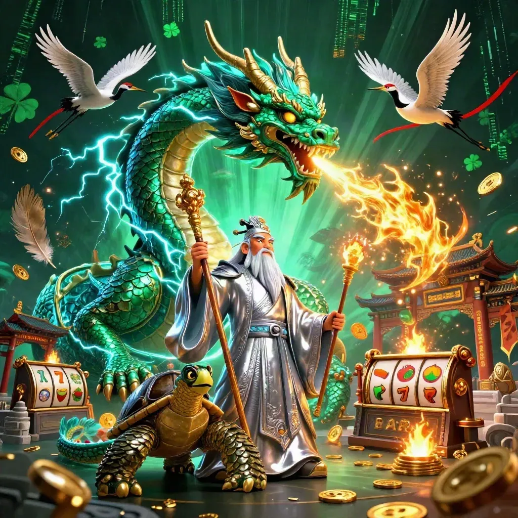 Emerald dragon, turtle sage, and cranes amid casino magic, lightning, coins, reels, and gold fire.