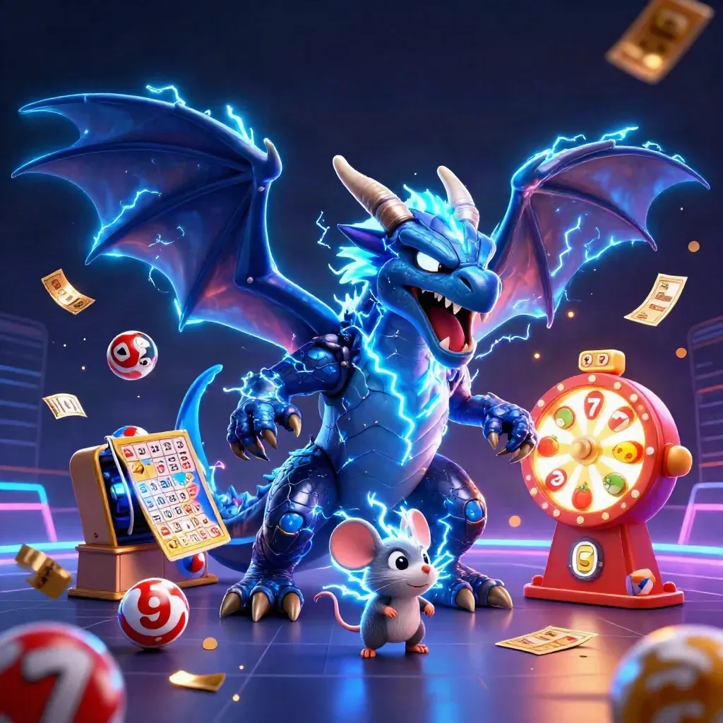 Thunder dragon, glowing hawk, and static mouse amid casino loot, reels, balls, and neon lightning.