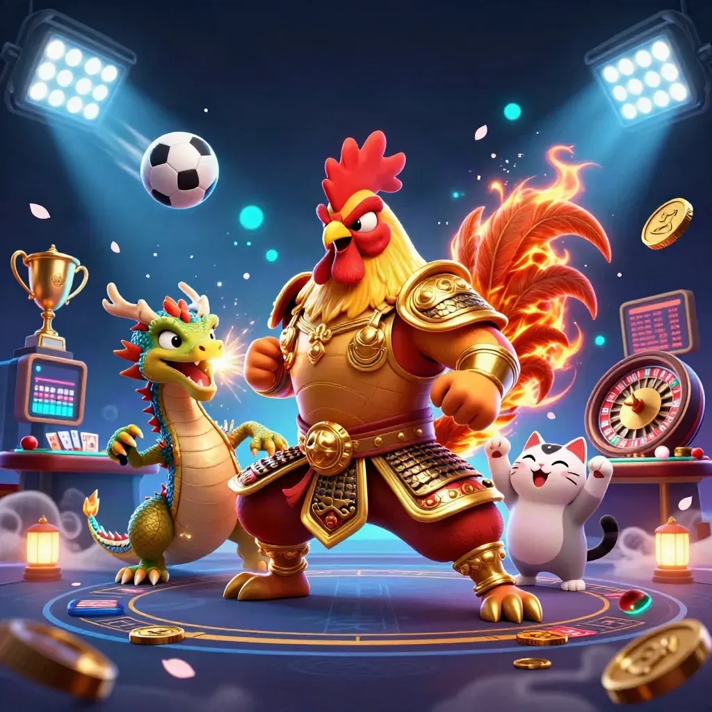 Rooster warrior, dragon hatchling, and fortune cat amid casino props and neon sparks.