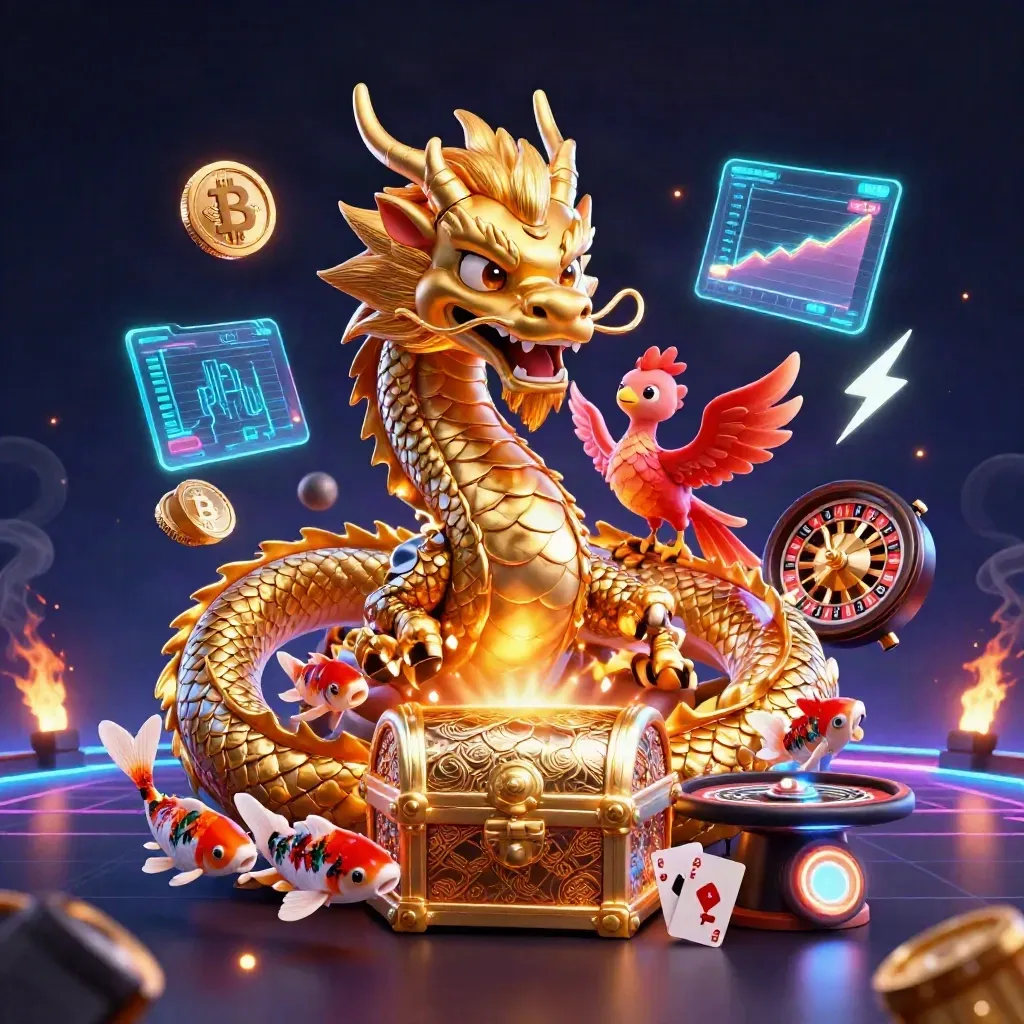 Golden dragon with phoenix, koi, casino chips, neon coins, and spinning roulette in a dark cyber backdrop.