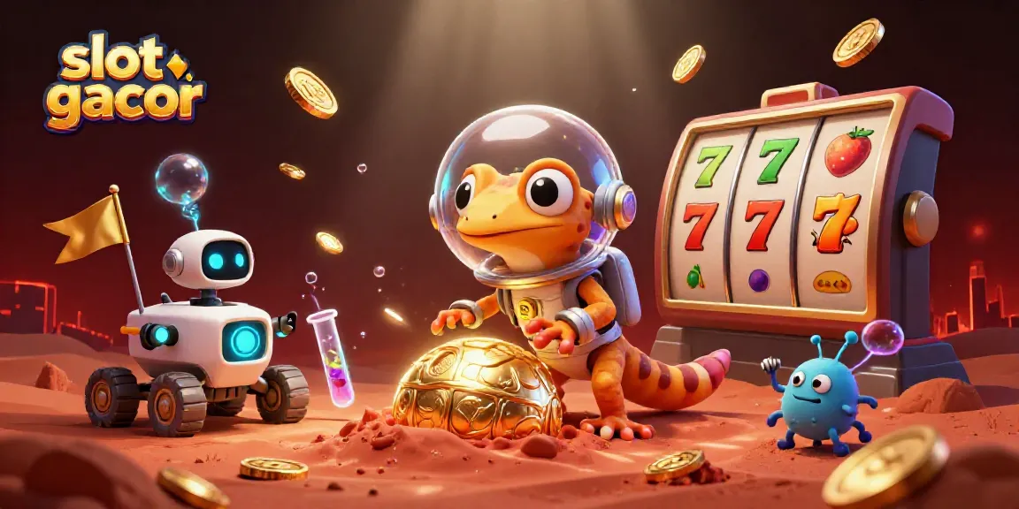 Engage with slot gacor visuals featuring a Martian gecko exploring a golden casino, embodying excitement.