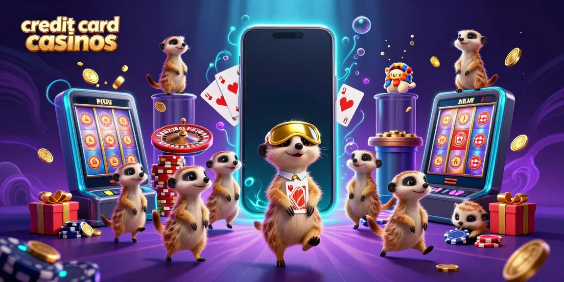 Engaging scene of meerkats operating a colorful casino, showcasing dynamic credit card casinos activities.