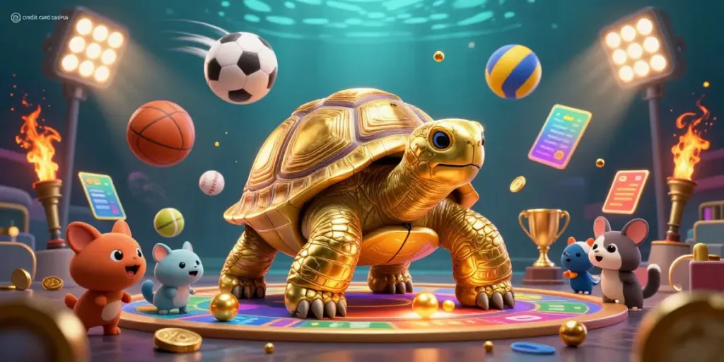 Engaging 3D illustration of credit card casinos featuring a golden tortoise and dynamic sports elements