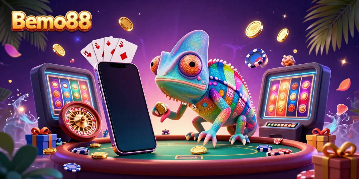 Experience thrilling gaming action with Bemo88's vibrant casino scene featuring a colorful chameleon and dynamic slot games.