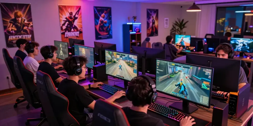 A80 gaming platform scene with diverse gamers enjoying multiplayer games at modern desktops.