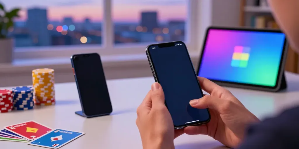 Engaging scene of a user playing Rumble Rummy on smartphone with gaming gear in cozy room.