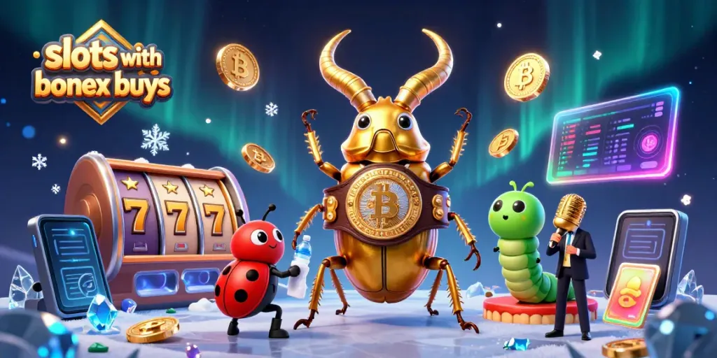 Spin the reels with slots with bonus buys while enjoying a 3D illustration featuring playful characters and casino elements.