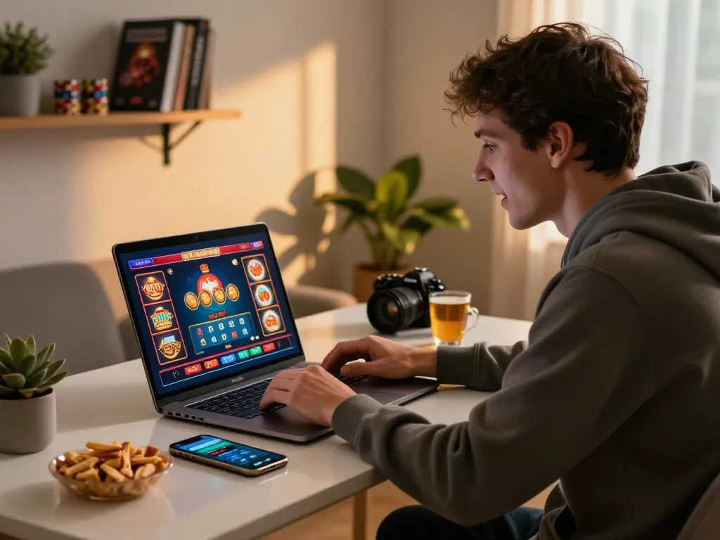 Player winning in online gambling at home using bong99 app on a laptop, showcasing excitement and strategy.
