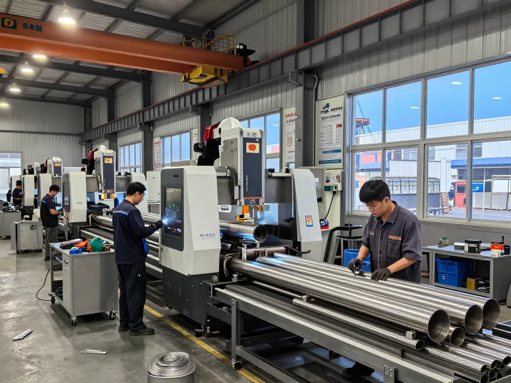 Workers at Sumwin stainless steel facility fabricating pipes and tubes in a dynamic industrial setting.