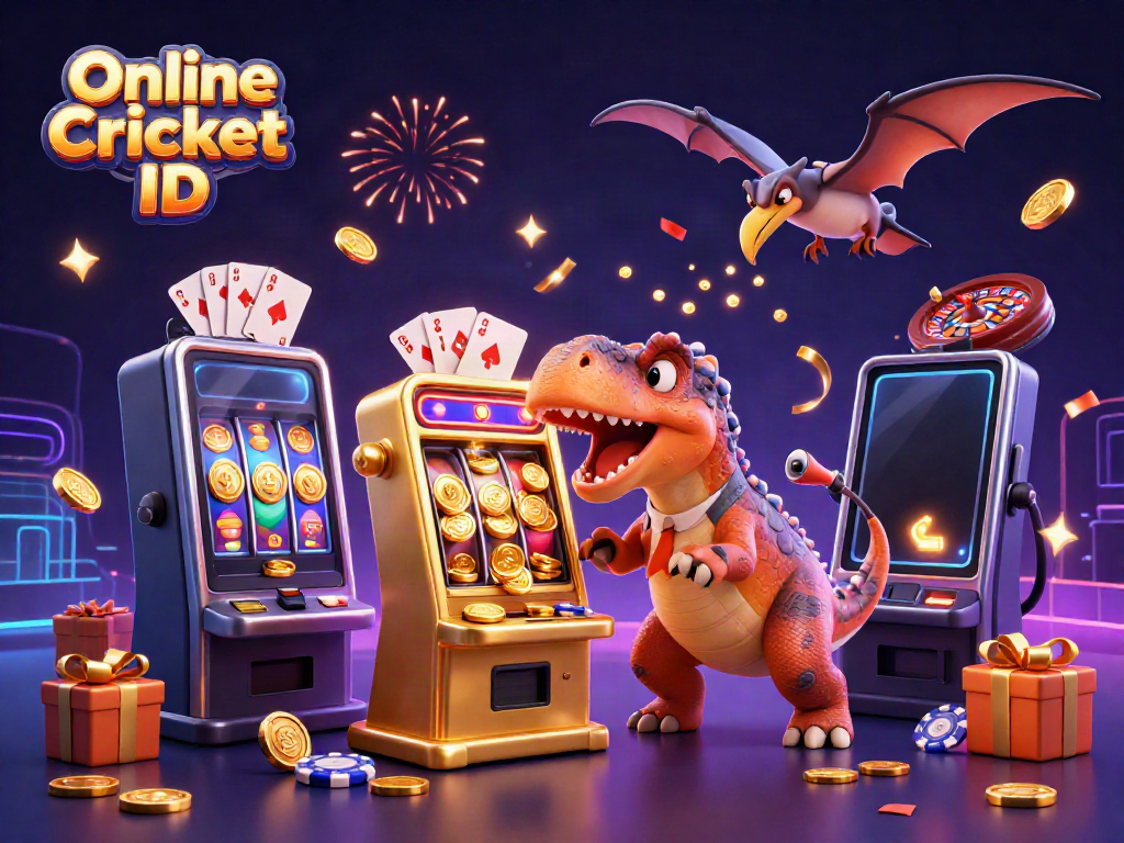 Engage with Online Cricket ID while a dinosaur hilariously interacts with casino elements.