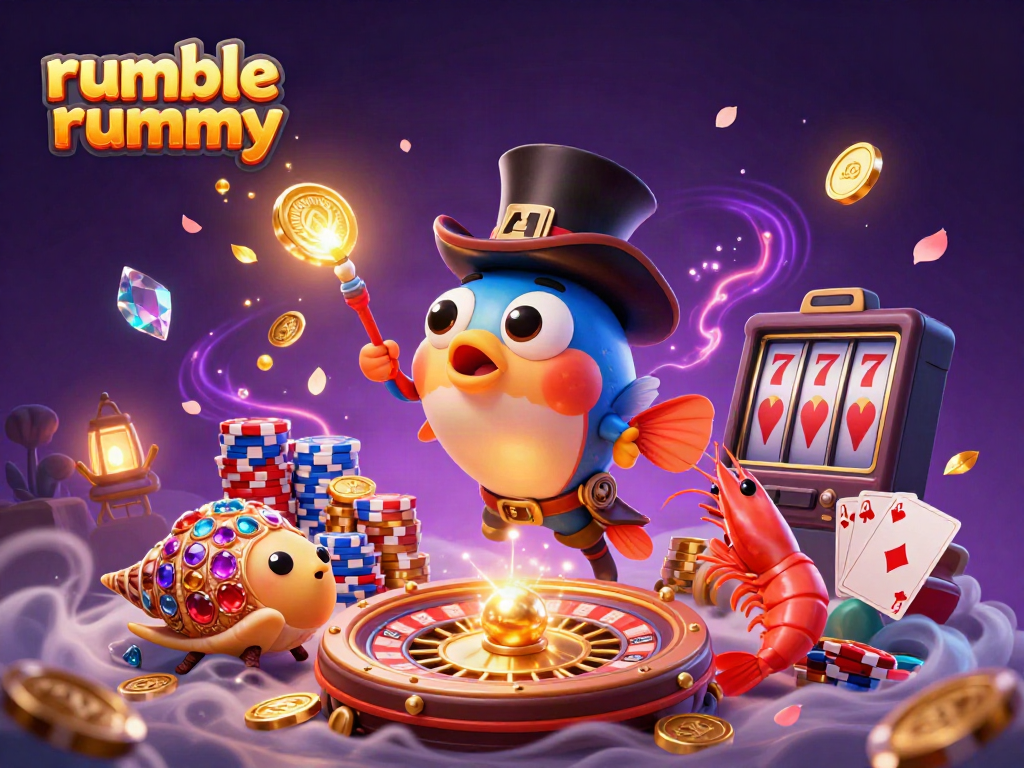 Play thrilling rummy games with the Rumble Rummy app, surrounded by dazzling rewards and vibrant casino elements.
