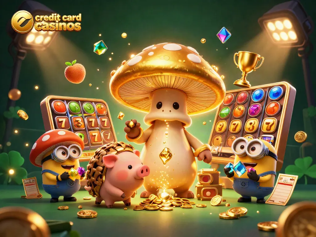 Engage with credit card casinos in a vibrant 3D scene filled with slot machines and treasure.