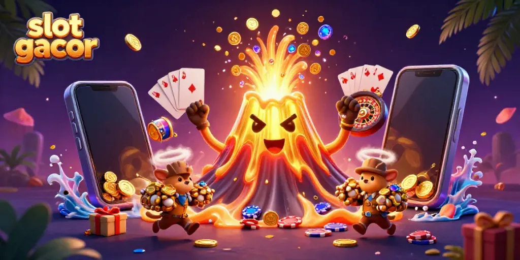Engage in slot gacor excitement with our vibrant 3D volcano and treasure scene!