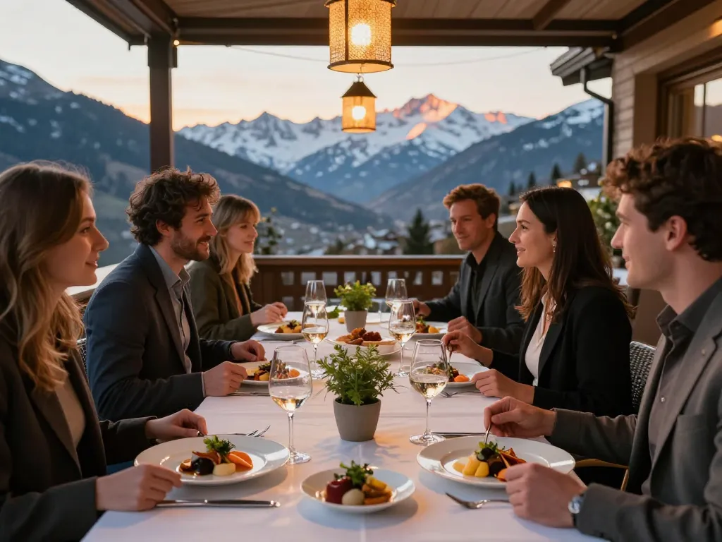 Enjoying a gourmet meal at https://www.hotel-restaurant-megeve.com/fr/ terrace with stunning mountain views and soft ambient lighting.