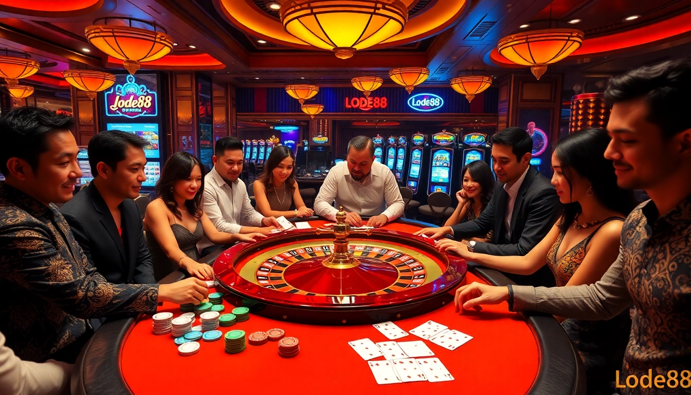 Players engaging at the lode88 roulette table in a luxurious casino environment, experiencing high-stakes excitement.
