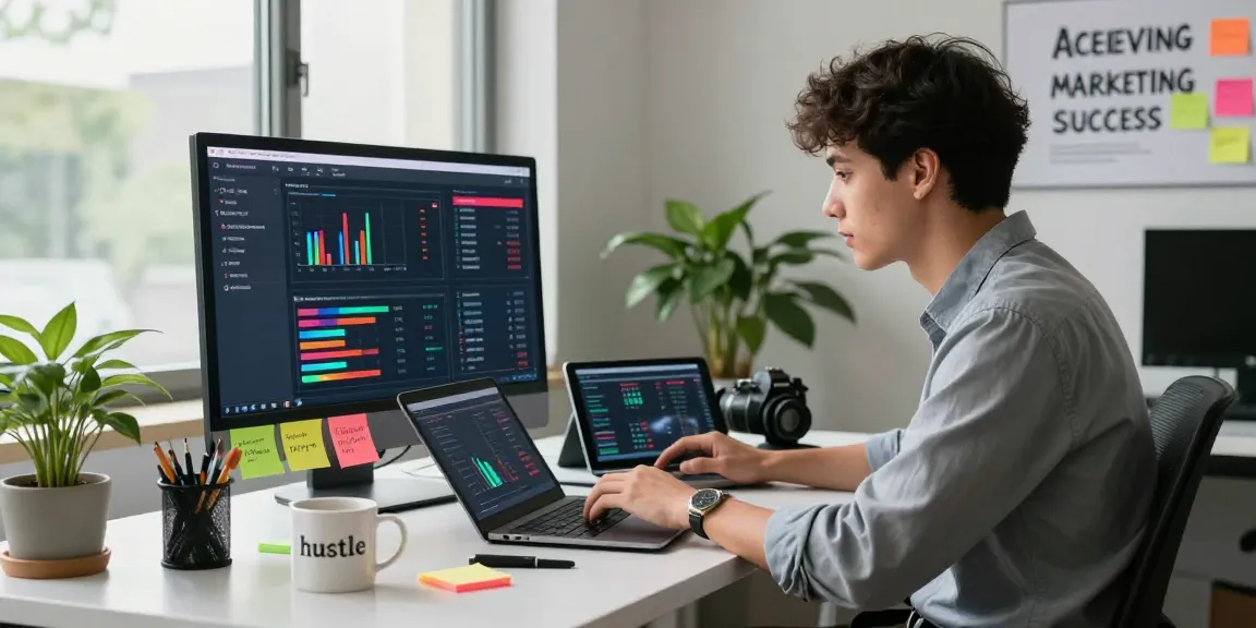 Seorang profesional muda menganalisis data pemasaran digital terjun4d di kantor modern, dikelilingi alat kerja dan suasana inspiratif.