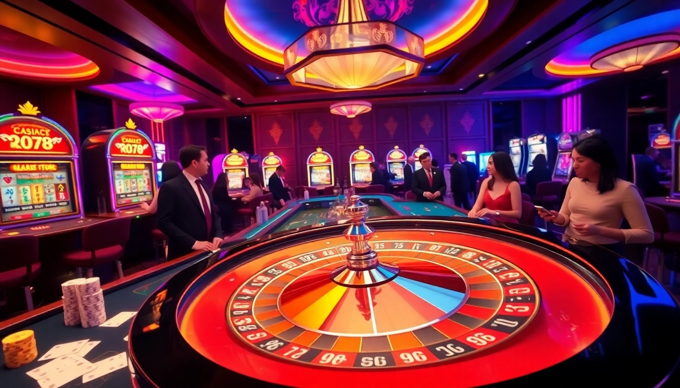 RR88 players enjoying thrilling casino games with roulette, poker chips, and slot machines.