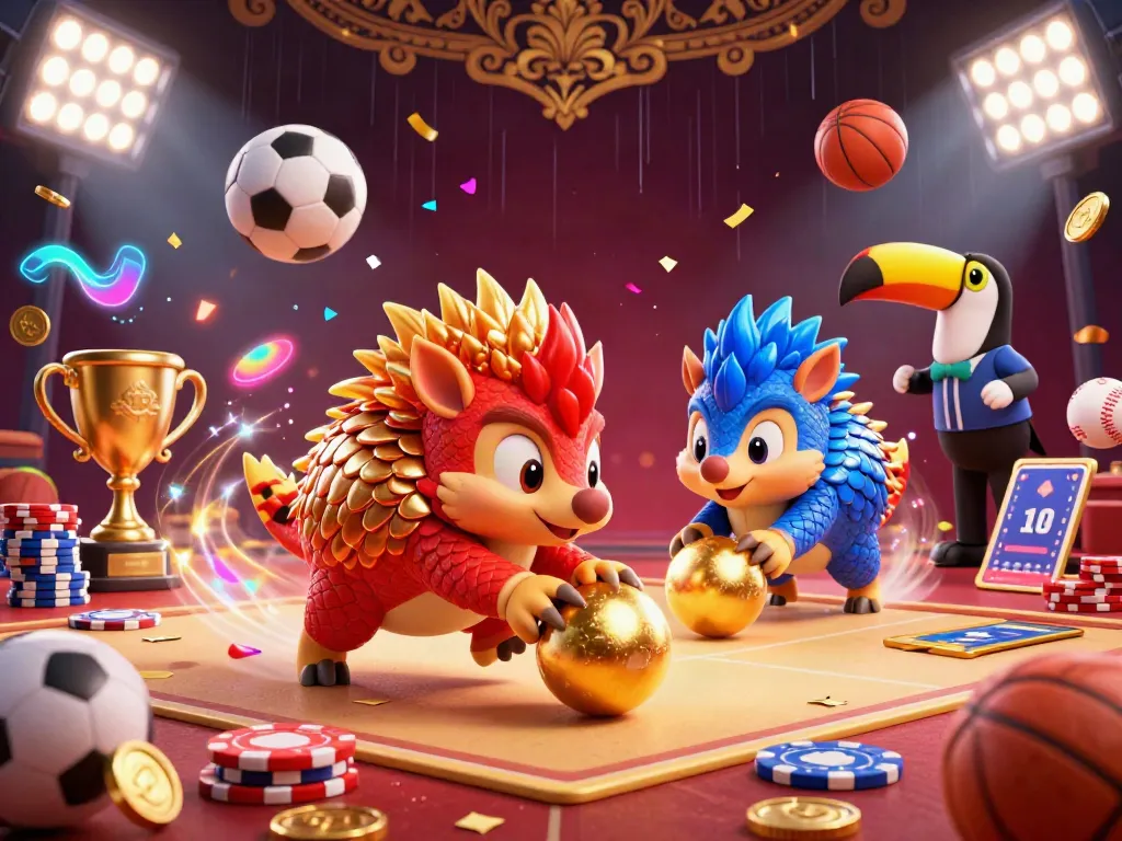 Engaging scene with pangolins competing for glory at best credit card casinos, vivid 3D illustration.