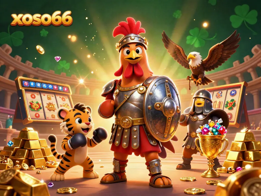 Experience the excitement of xoso66 with a dynamic scene featuring a gladiator rooster and treasures amidst casino elements.