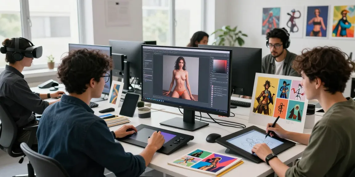 Collaborative artists in a digital art studio working on NSFW AI projects.