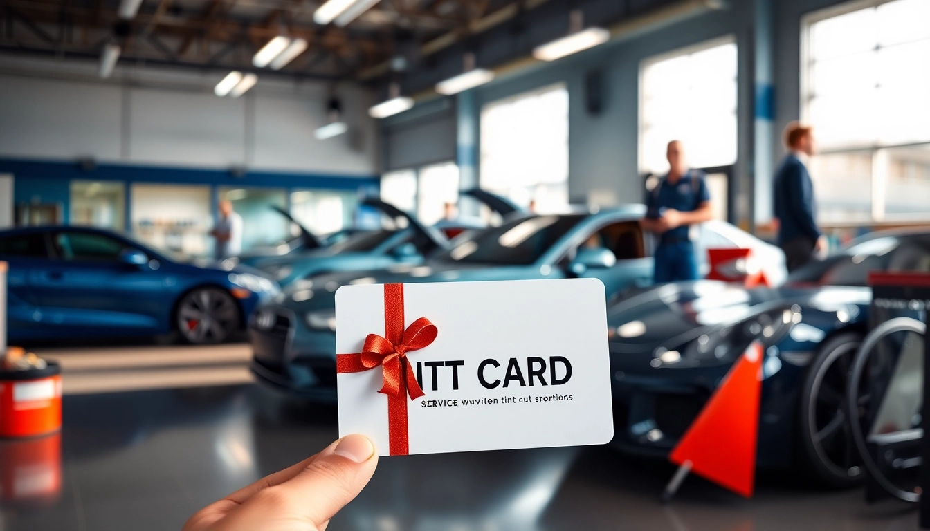 Shop displaying a window tint gift card against a backdrop of sleek, tinted cars.
