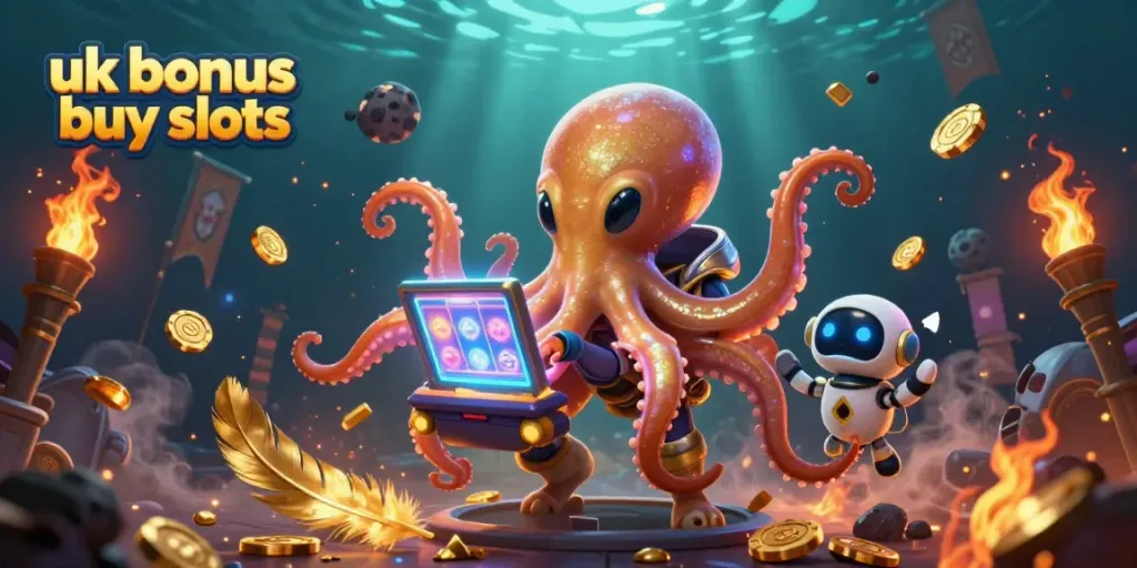 Engage with exciting uk bonus buy slots showcased by a whimsical alien octopus and robot in a vibrant casino setting.