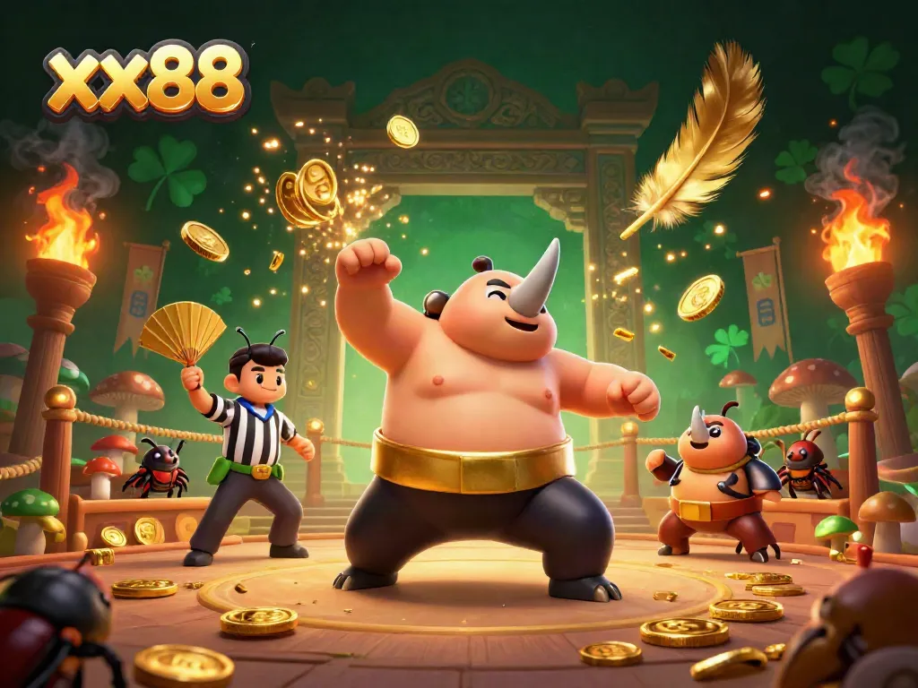 Watch the xx88 champion beetle stomp and send coins flying in a vibrant casino arena.