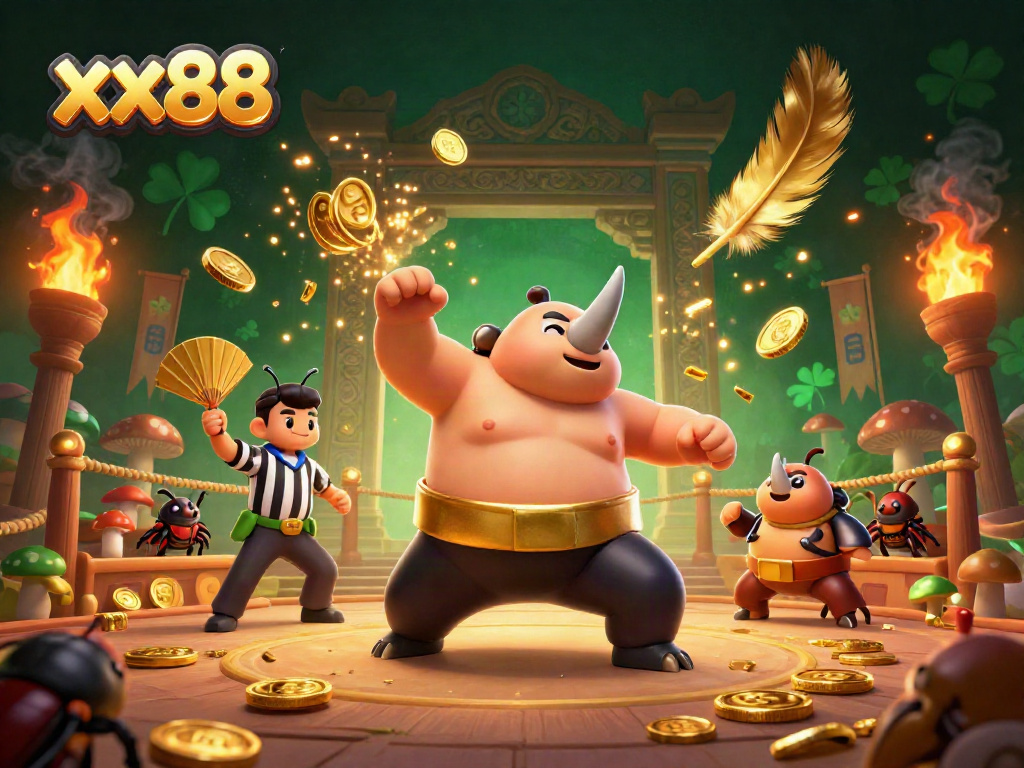 Watch the xx88 champion beetle stomp and send coins flying in a vibrant casino arena.