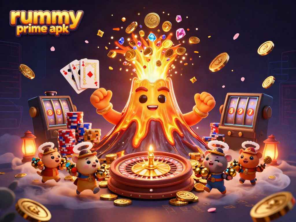 Play rummy prime apk in an exciting 3D illustration with golden volcano and treasure elements.