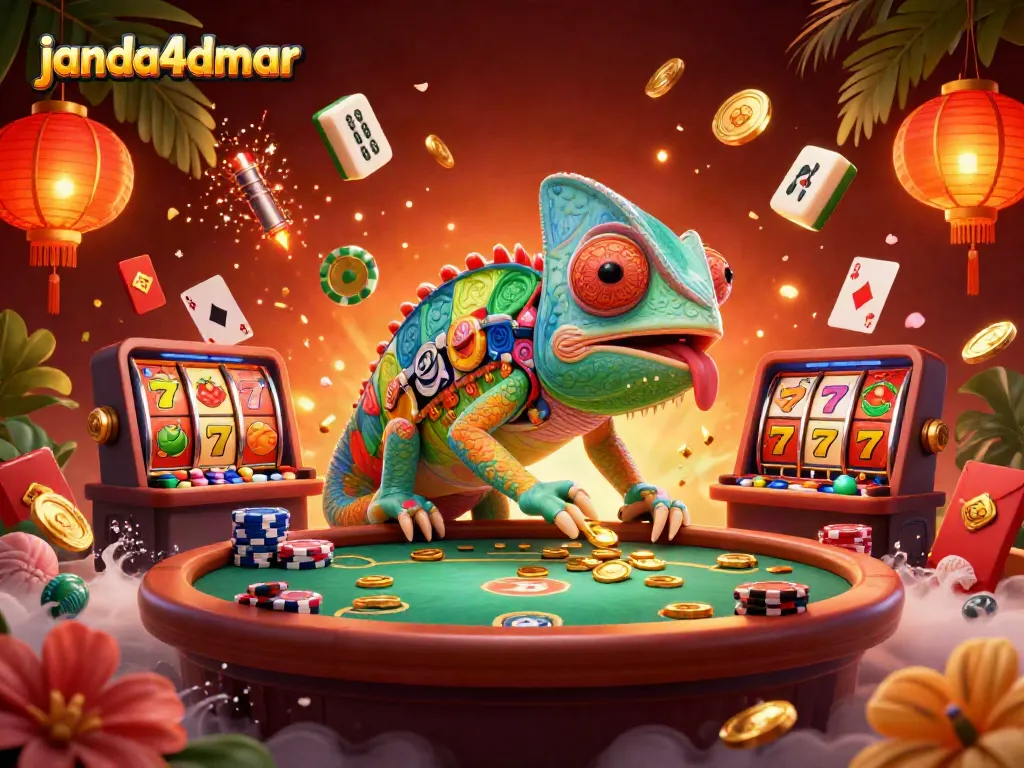 JANDA4DMAR mempersembahkan chameleon kasino 3D yang dikelilingi elemen perjudian mewah untuk pengalaman bermain yang spektakuler.