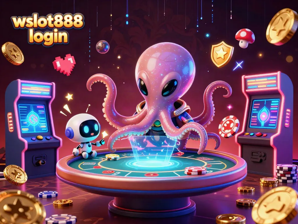 wslot888 login memeriahkan permainan poker dengan alien kartun 3D dan robot di meja holografik