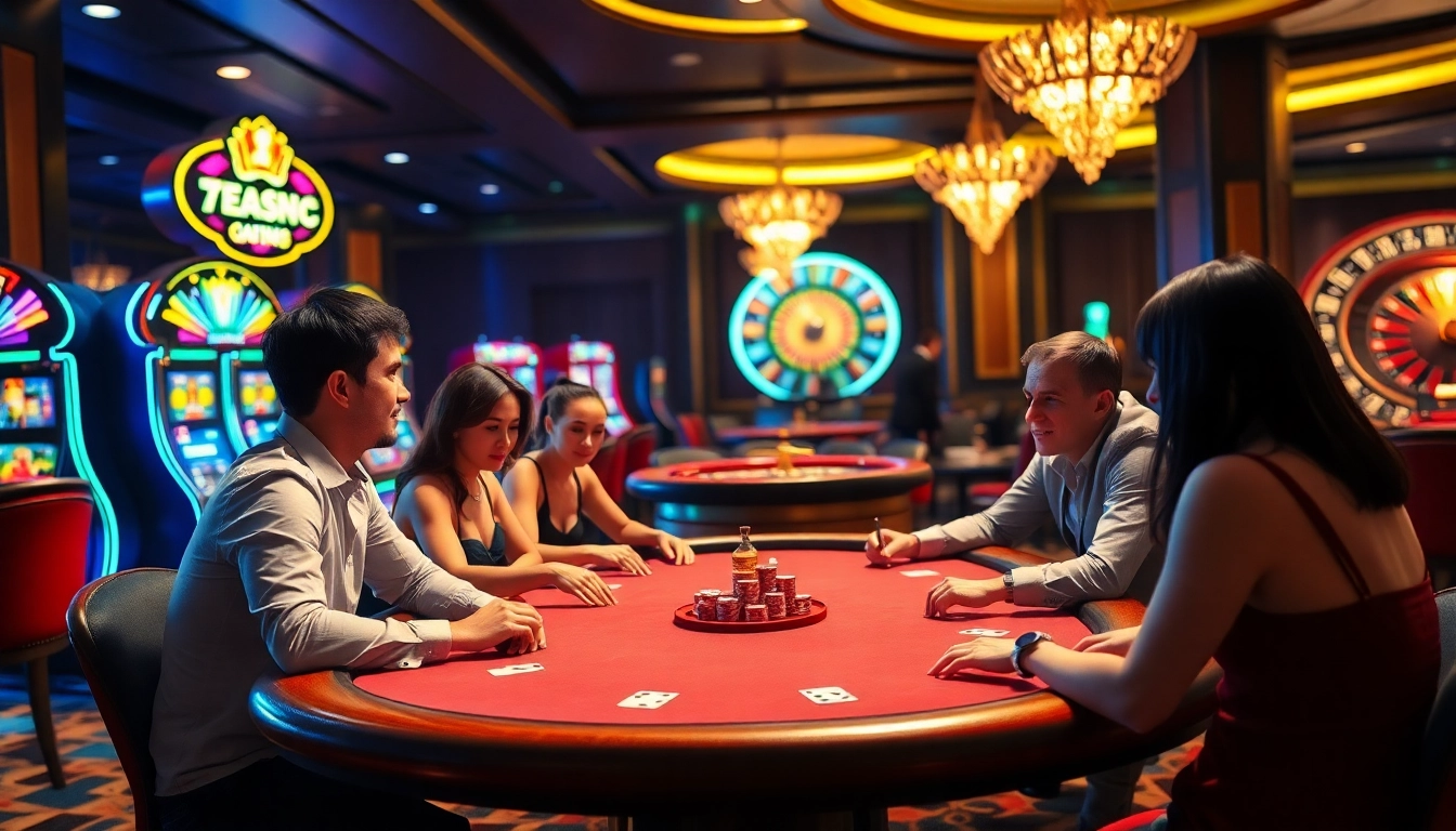 Experience the thrill of 789club with players enjoying high-stakes poker under vibrant casino lights.