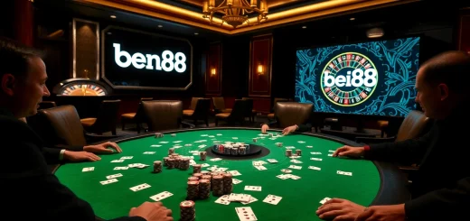 Players engaged in high-stakes poker at bem88 casino, showcasing chips and cards in a luxurious setting.