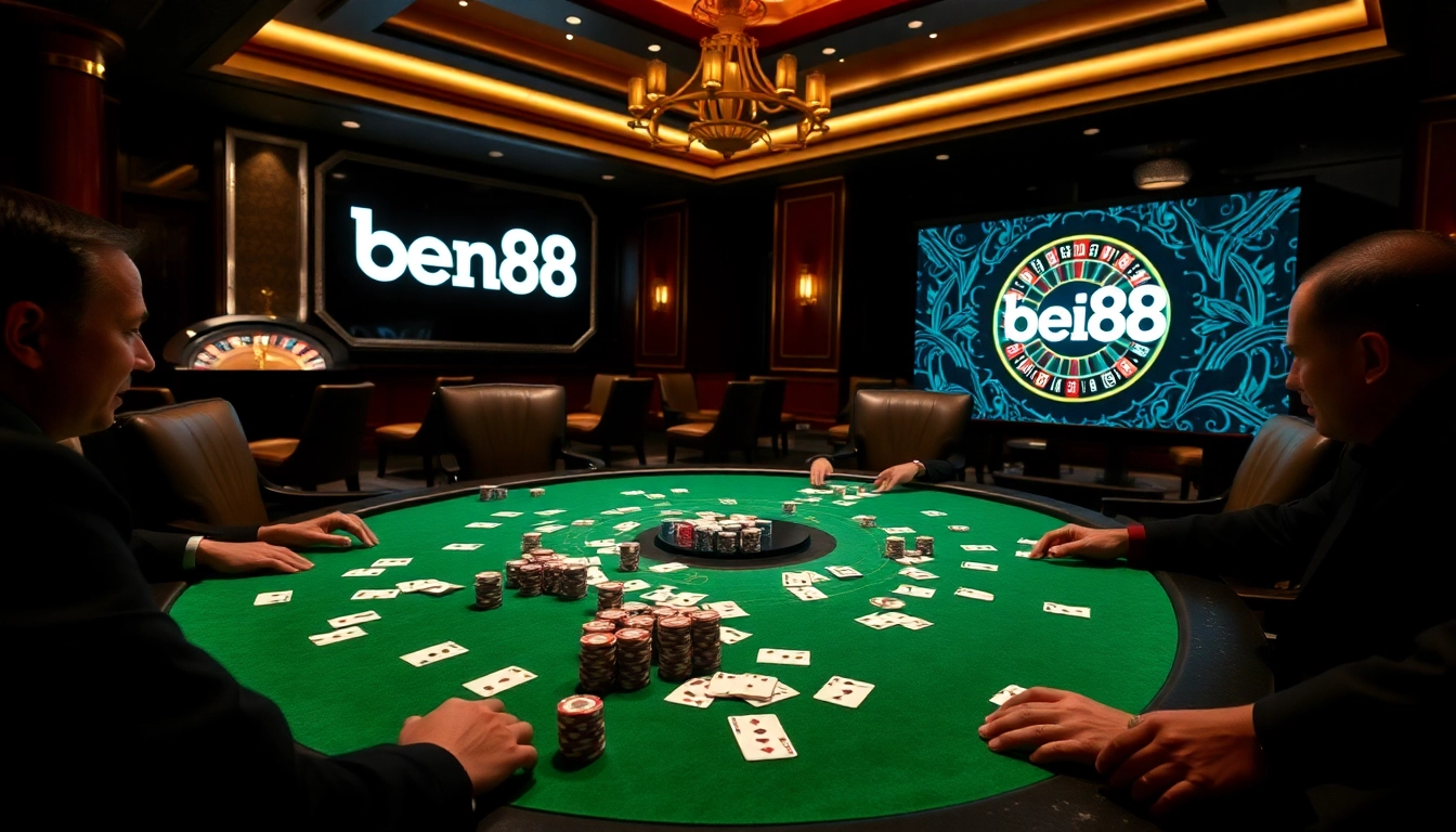 Players engaged in high-stakes poker at bem88 casino, showcasing chips and cards in a luxurious setting.