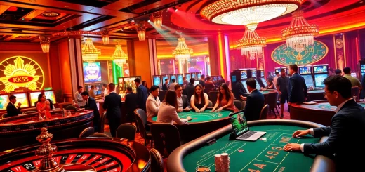 KK55 online gambling interface alongside vibrant casino gaming elements in a luxurious setting.