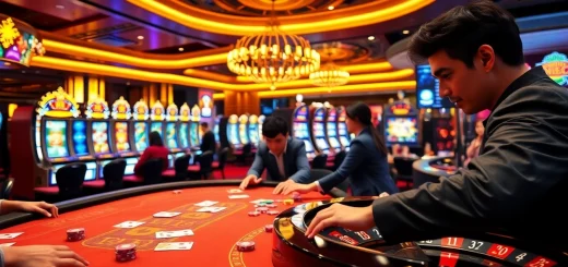 Hi88 players enjoying a thrilling poker game with colorful chips and cards in a vibrant casino setting.
