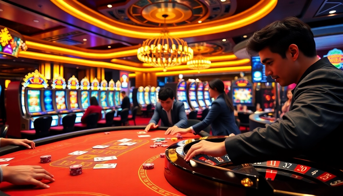 Hi88 players enjoying a thrilling poker game with colorful chips and cards in a vibrant casino setting.