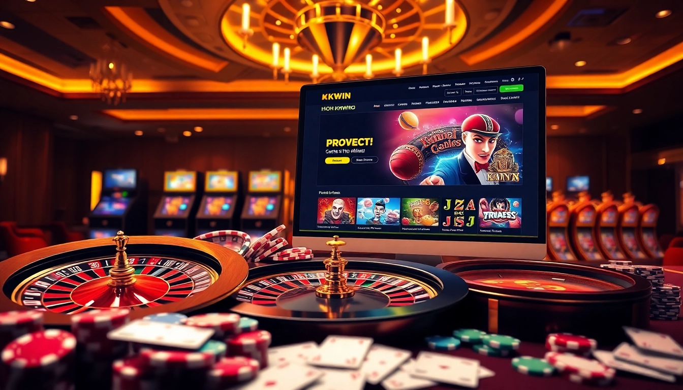 Players engaging in online gambling at https://kkwinzz.com/, featuring a digital casino layout with exciting promotions.