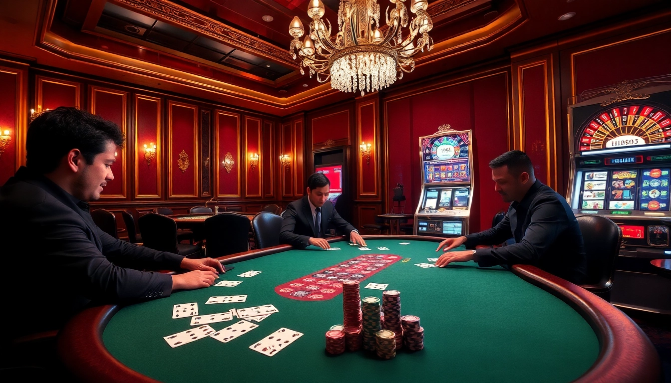 Exciting casino gameplay scene featuring hb88 poker players at a luxurious table.