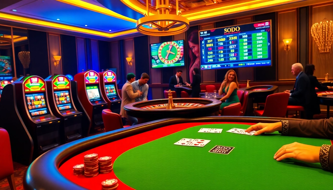 Experience the thrill of winning at SODO Casino with vibrant gaming tables and slot machines.