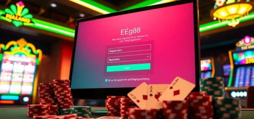 Excited players engaging in đăng ký EE88 registration on a sleek online gambling interface surrounded by colorful casino elements.
