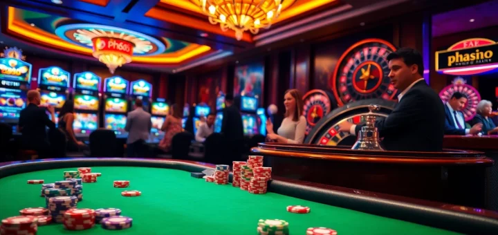 Experience the thrill of gambling at ph365 with vibrant casino visuals showcasing poker tables and slots.